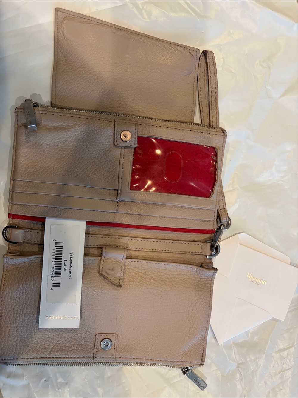 Leather Wristlet Wallet - Beige with Red Accent